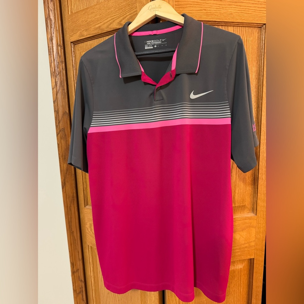 Nike Men’s Charcoal and Hot Pink Striped Golf Polo
